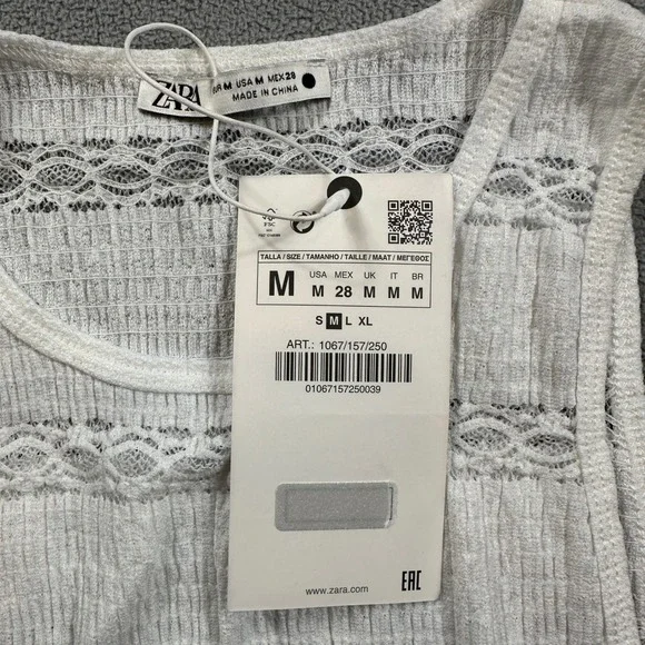 ZARA Woman Tank Top Knit Top Sleeveless M White Crochet Lace Trim Textured NWT - Picture 3 of 6